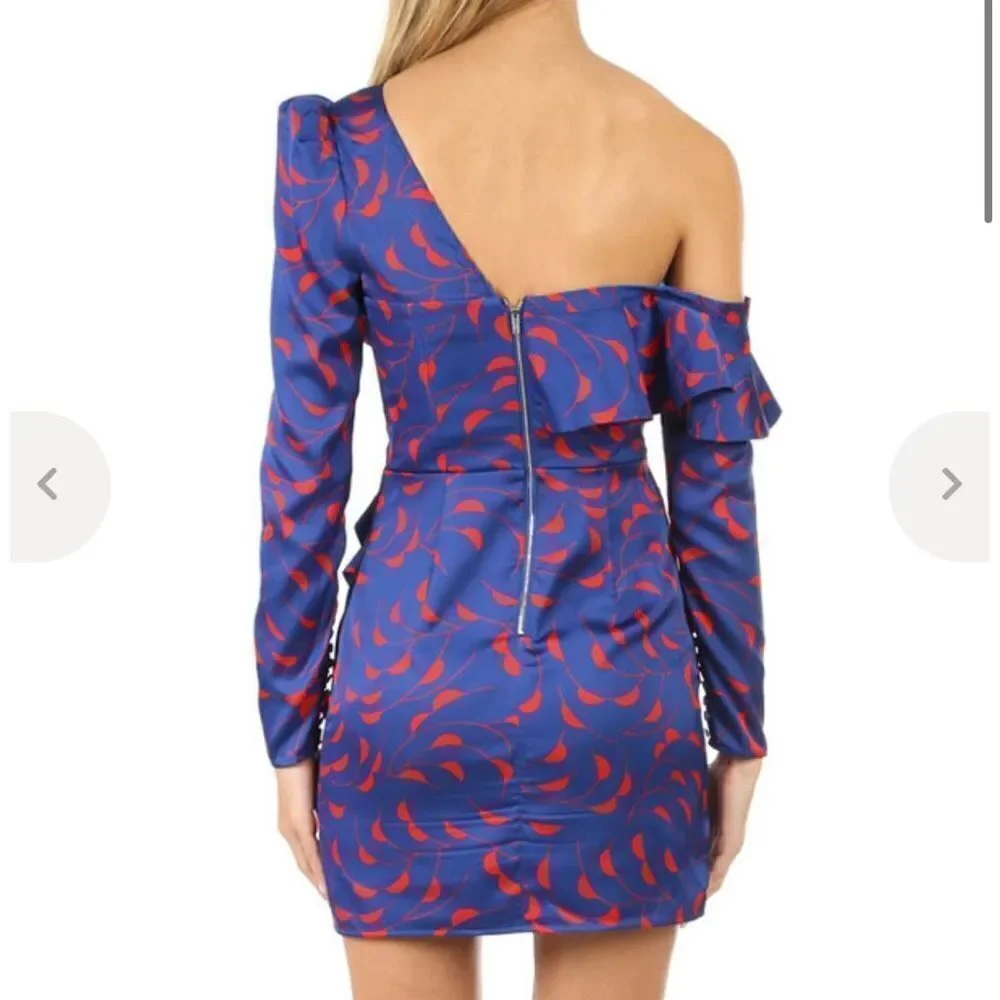 Self Portrait Blue Red One Shoulder Ruffle Dress - Picture 3 of 13
